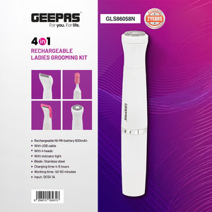 4-In-1 Rechargeable Ladies Grooming Set, GLS86058 | Lip Hair Rotary Shaver, Hair Trimmer, Micro Shaver, Eyebrow Shaping | Stainless Steel Blade | Ni-Mh 600mAhx1 Battery