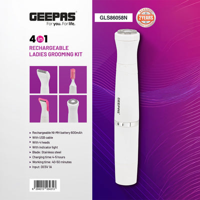 4-In-1 Rechargeable Ladies Grooming Set, GLS86058 | Lip Hair Rotary Shaver, Hair Trimmer, Micro Shaver, Eyebrow Shaping | Stainless Steel Blade | Ni-Mh 600mAhx1 Battery