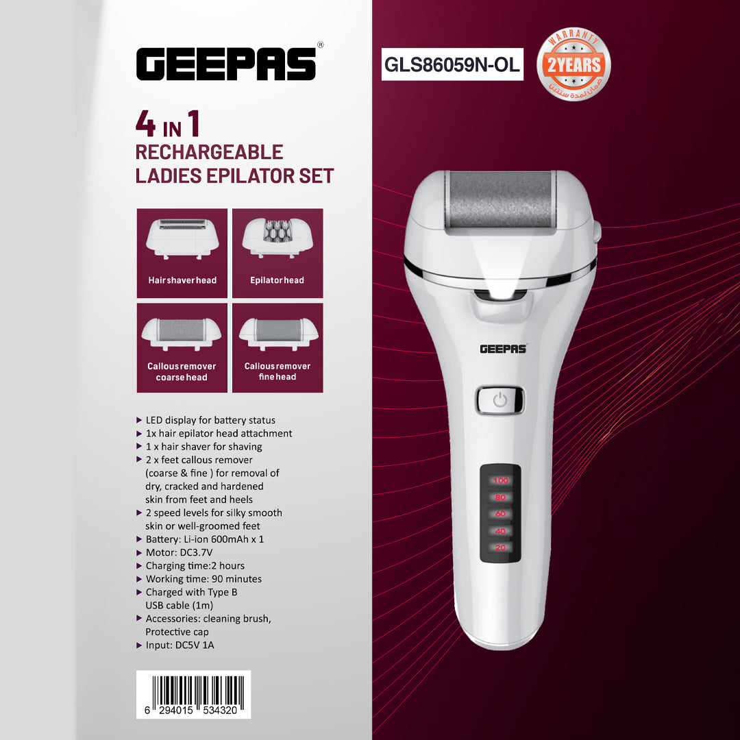 Geepas GLS86059 4-in-1 Rechargeable Ladies Epilator Set | Hair Shaver| Epilator & Dual Callous Remover Heads| LED Battery Display| 2-Speed Levels| 2 Years Warranty