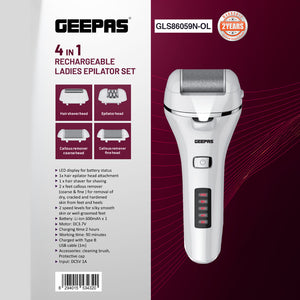 Geepas GLS86059 4-in-1 Rechargeable Ladies Epilator Set | Hair Shaver| Epilator & Dual Callous Remover Heads| LED Battery Display| 2-Speed Levels| 2 Years Warranty