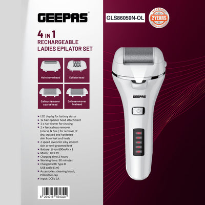 Geepas GLS86059 4-in-1 Rechargeable Ladies Epilator Set | Hair Shaver| Epilator & Dual Callous Remover Heads| LED Battery Display| 2-Speed Levels| 2 Years Warranty
