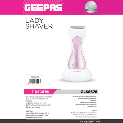 Geepas GLS8678 Rechargeable Lady Shaver | Wet & Dry Use| Washable Design| USB Charging| Dual Blade System| Smooth & Gentle Hair Removal| Compact Cordless Shaver for Women