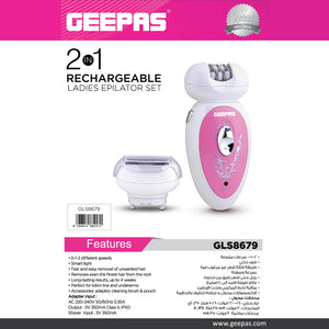 Geepas GLS8679 2-in-1 Rechargeable Ladies Epilator Set | Dual Function Shaver & Epilator| Cordless Operation | USB Charging| LED Precision Light |  Stainless Blades