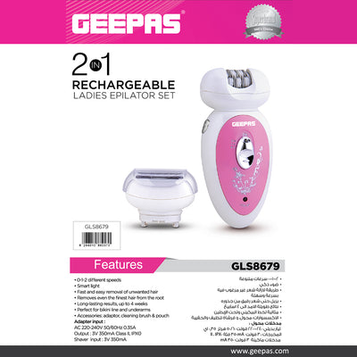 Geepas GLS8679 2-in-1 Rechargeable Ladies Epilator Set | Dual Function Shaver & Epilator| Cordless Operation | USB Charging| LED Precision Light |  Stainless Blades