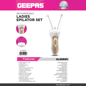 Geepas GLS8690 Rechargeable Ladies Epilator Set | Safe Hair Removal for All Skin Types| Built-in Light| Smooth Finish| 3W Power| 220–240V AC| Ideal for Face & Body