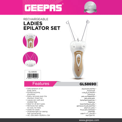 Geepas GLS8690 Rechargeable Ladies Epilator Set | Safe Hair Removal for All Skin Types| Built-in Light| Smooth Finish| 3W Power| 220–240V AC| Ideal for Face & Body