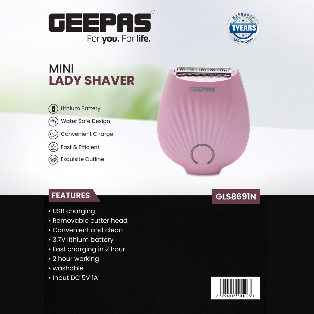 Geepas GLS8691 Mini Lady Shaver | Rechargeable  Shaver | 3.7V Lithium Battery| Fast 2H Charging| 2H Working Time| Water Safe Design| Washable & Removable Cutter Head