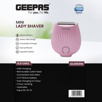 Geepas GLS8691 Mini Lady Shaver | Rechargeable  Shaver | 3.7V Lithium Battery| Fast 2H Charging| 2H Working Time| Water Safe Design| Washable & Removable Cutter Head