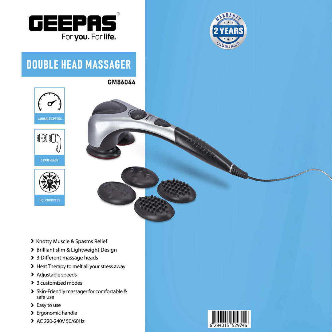 Geepas GM86044 Double Head Massager | Variable Speed| 3 Massage Heads| Heat Therapy | Ergonomic Handle | Muscle Pain Relief | Lightweight Design | 2 Years Warranty