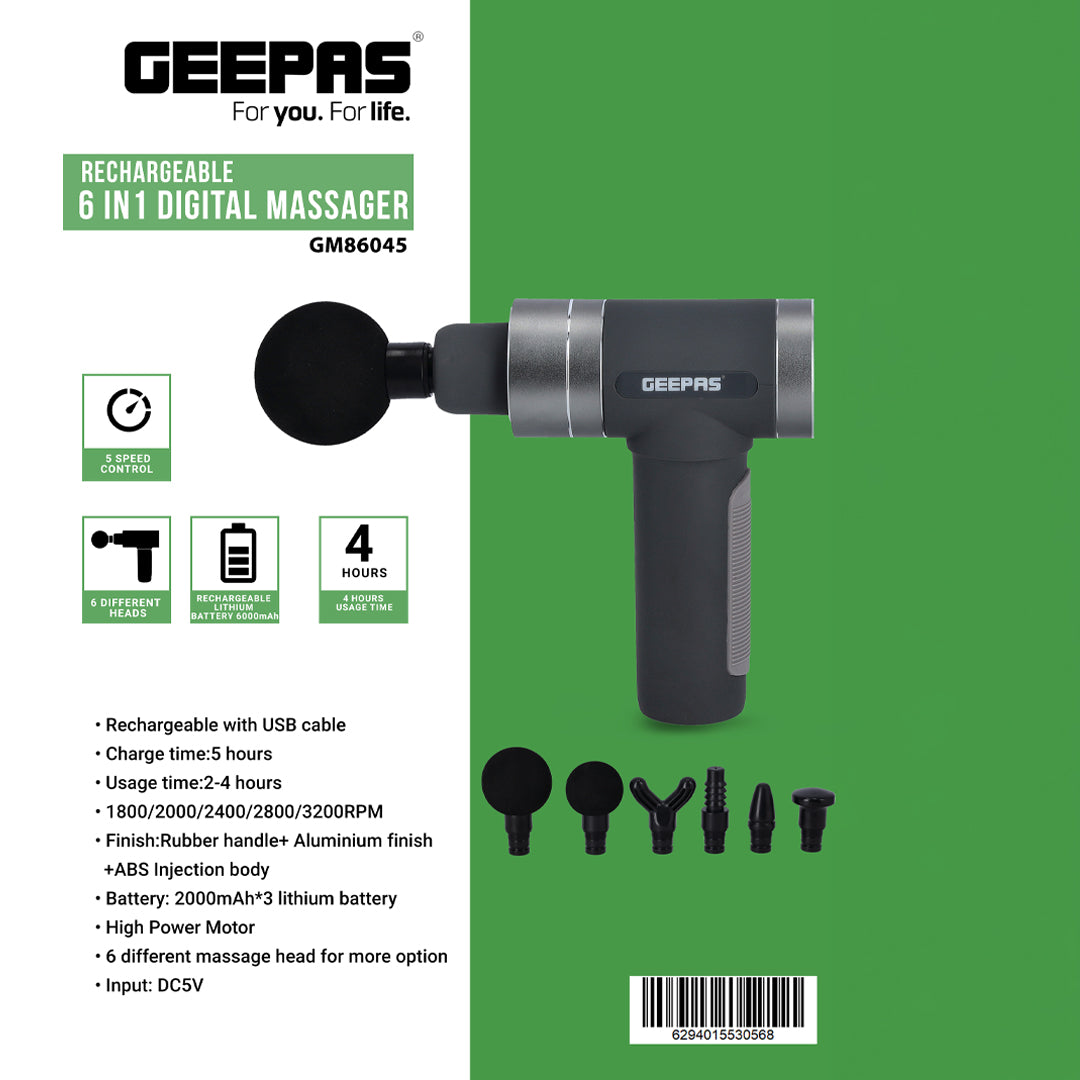 Geepas GM86045 Rechargeable 6-in-1 Digital Massager |  5-Speed Brushless Motor with 6 Massage Heads | 6000mAh Battery & 4 Hours Use for Deep Tissue Muscle Relief