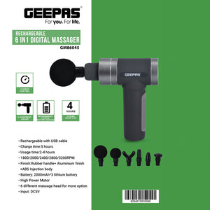 Geepas GM86045 Rechargeable 6-in-1 Digital Massager |  5-Speed Brushless Motor with 6 Massage Heads | 6000mAh Battery & 4 Hours Use for Deep Tissue Muscle Relief