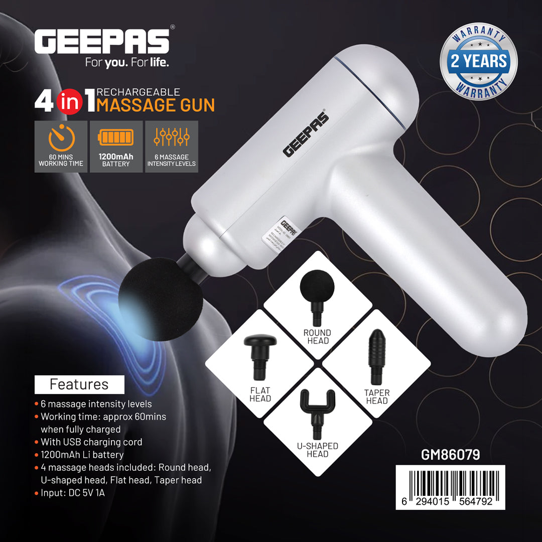 Geepas GM86079 Rechargeable 4-in-1 Massage Gun |6 Adjustable Intensity Levels| 1200mAh Powerful Battery| 60 Minutes Working Time|4 Interchangeable Heads| 2 Years Warranty