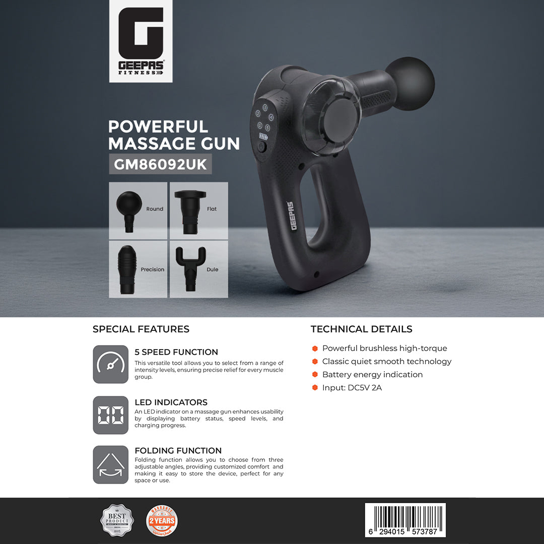 Geepas GM86092UK Rechargeable Powerful Massage Gun | 5 Speed Levels| Brushless Motor| LED Indicators| Folding Design| 4 Massage Heads| Quiet Operation | 2 Years Warranty