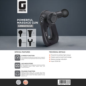 Geepas GM86092UK Rechargeable Powerful Massage Gun | 5 Speed Levels| Brushless Motor| LED Indicators| Folding Design| 4 Massage Heads| Quiet Operation | 2 Years Warranty