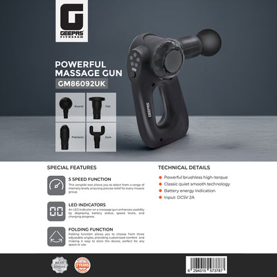 Geepas GM86092UK Rechargeable Powerful Massage Gun | 5 Speed Levels| Brushless Motor| LED Indicators| Folding Design| 4 Massage Heads| Quiet Operation | 2 Years Warranty