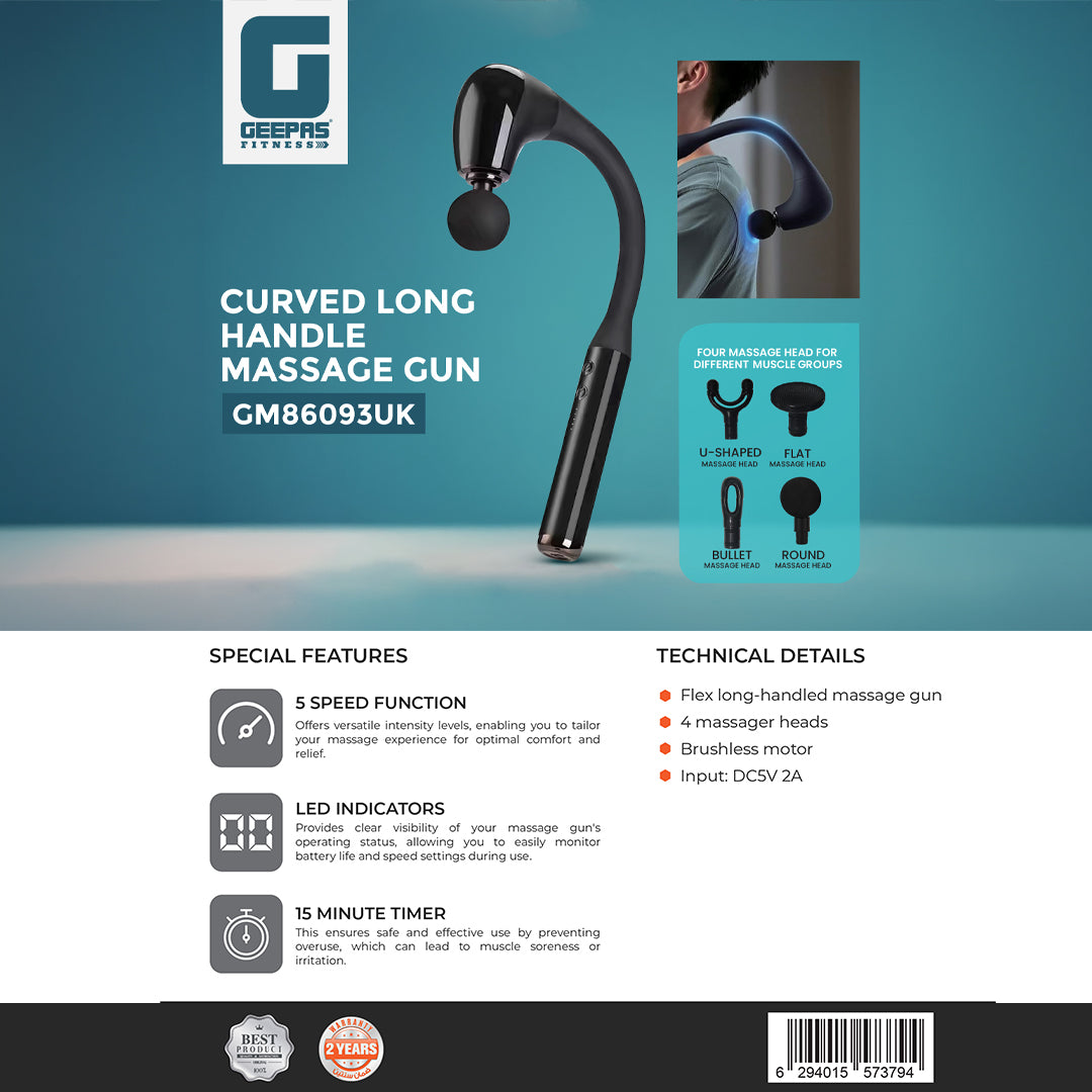 Geepas GM86093UK Curved Long Handle Massage Gun| 5-Speed Brushless Motor Massager with 4 Heads| LED Indicators & 15-Min Timer for Deep Muscle Relaxation| 2 years warranty