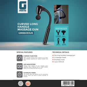 Geepas GM86093UK Curved Long Handle Massage Gun| 5-Speed Brushless Motor Massager with 4 Heads| LED Indicators & 15-Min Timer for Deep Muscle Relaxation| 2 years warranty