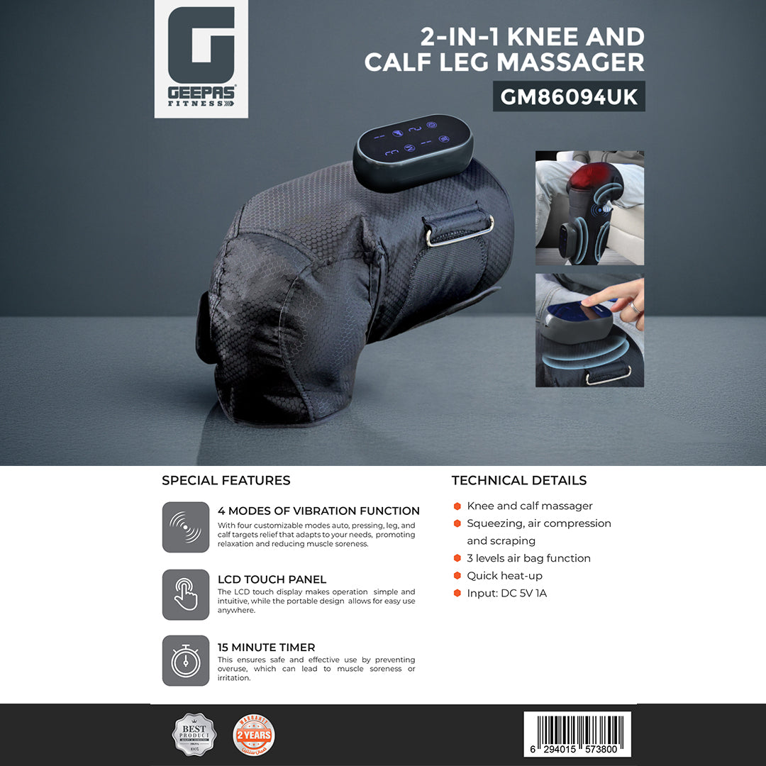 Geepas GM86094UK 2-in-1 Knee & Calf Leg Massager | 4 Massage Modes| 3 Airbag Levels| Heat Therapy| LCD Touch Panel| 15-Min Timer| Air Compression | 2 Years Warranty