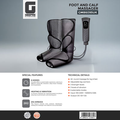 Geepas GM86095UK Foot and Calf Massager | 6 Selectable Modes with Heating & Vibration Function| 3 Adjustable Strength Levels| 2x2 Airbags| Leg Warmers| 2 years Warranty