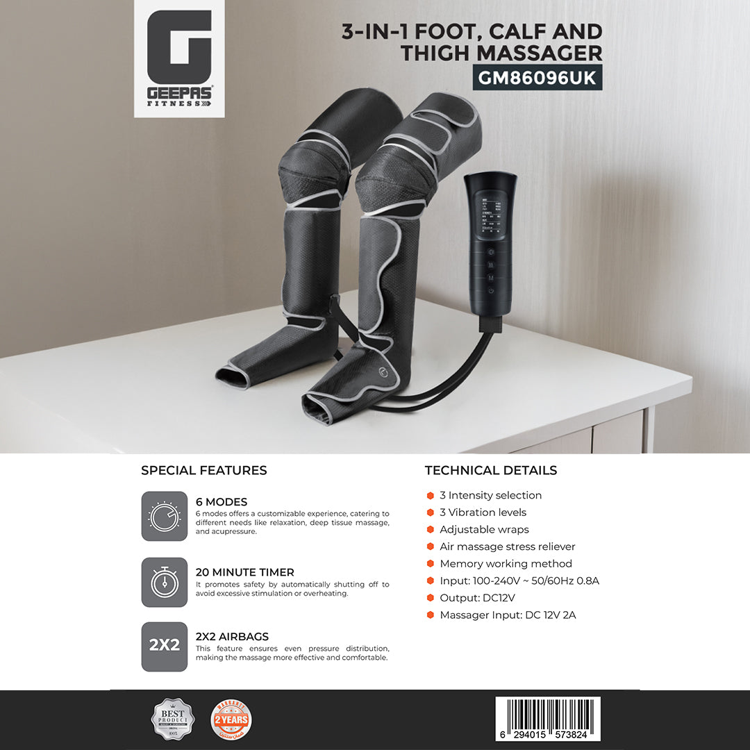 Geepas GM86096UK 3-in-1 Foot, Calf & Thigh Massager | 6 Massage Modes | 3 Intensity Levels | Air Compression | Adjustable Wraps | 20-Min Timer | 2 Years Warranty
