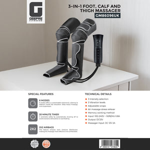 Geepas GM86096UK 3-in-1 Foot, Calf & Thigh Massager | 6 Massage Modes | 3 Intensity Levels | Air Compression | Adjustable Wraps | 20-Min Timer | 2 Years Warranty