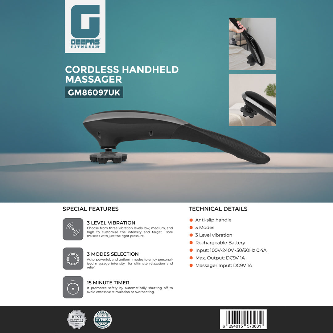 Geepas GM86097UK Cordless Handheld Massager | 3 Adjustable Vibration Levels| 3 Massage Modes| Rechargeable Battery| 15-Min Auto Timer| Anti-Slip Handle |2 Years Warranty
