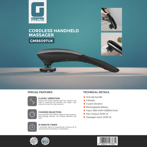 Geepas GM86097UK Cordless Handheld Massager | 3 Adjustable Vibration Levels| 3 Massage Modes| Rechargeable Battery| 15-Min Auto Timer| Anti-Slip Handle |2 Years Warranty