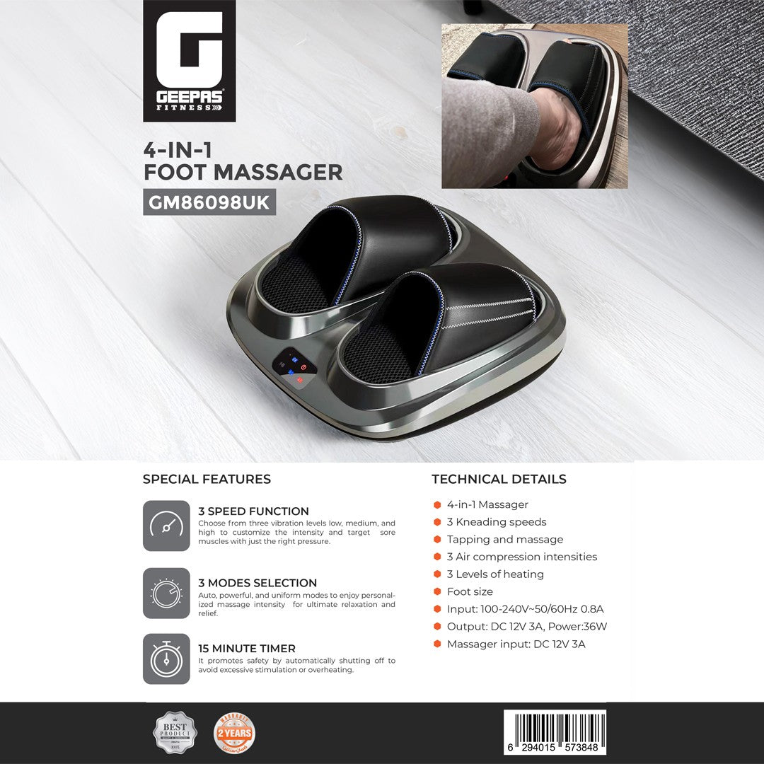 Geepas GM86098UK 4-in-1 Foot Massager | 3 Kneading Speeds | Air Compression & Heating Function| 3 Massage Modes| 15-Min Auto Timer for Foot Pain Relief| 2 Years Warranty