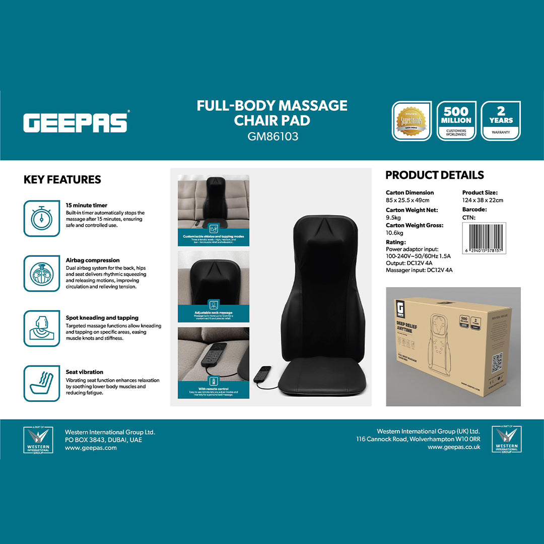 Geepas Full-Body Massage Chair Pad GM86103 | Shiatsu Massage, Airbag Compression, Heating Therapy, Adjustable Intensity, Neck & Back Relaxation Cushion for Home & Office