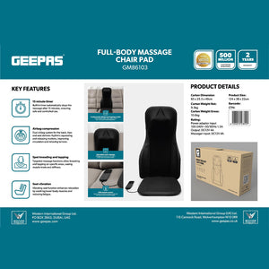Geepas Full-Body Massage Chair Pad GM86103 | Shiatsu Massage, Airbag Compression, Heating Therapy, Adjustable Intensity, Neck & Back Relaxation Cushion for Home & Office