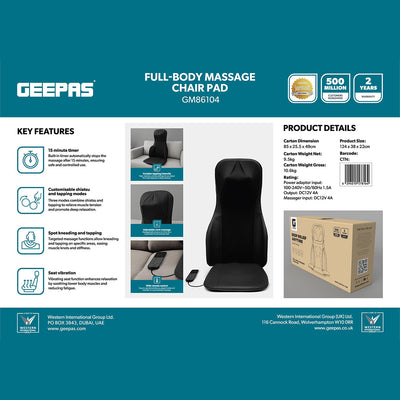 Geepas Full-Body Massage Chair Pad GM86104 | Shiatsu Kneading Massage, Vibration Function, Heating Therapy, Adjustable Intensity, Neck & Back Relaxation Cushion