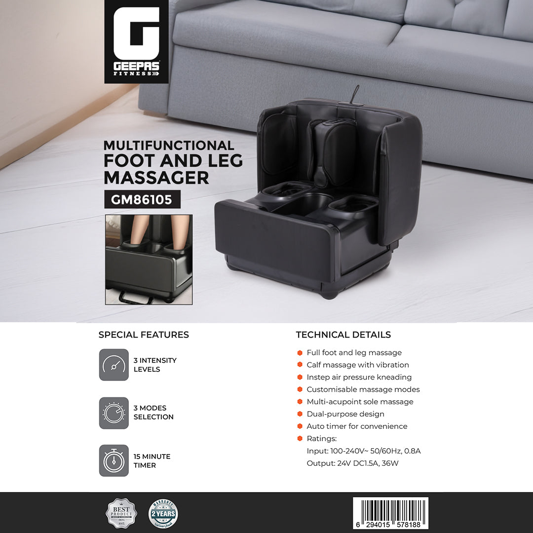 Geepas Multifunctional Foot & Leg Massager GM86105 | 3 Intensity Levels, 3 Massage Modes| Calf Vibration| Instep Air Pressure Kneading| 15-Min Timer| Dual-Purpose Design