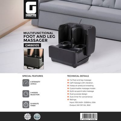 Geepas Multifunctional Foot & Leg Massager GM86105 | 3 Intensity Levels, 3 Massage Modes| Calf Vibration| Instep Air Pressure Kneading| 15-Min Timer| Dual-Purpose Design
