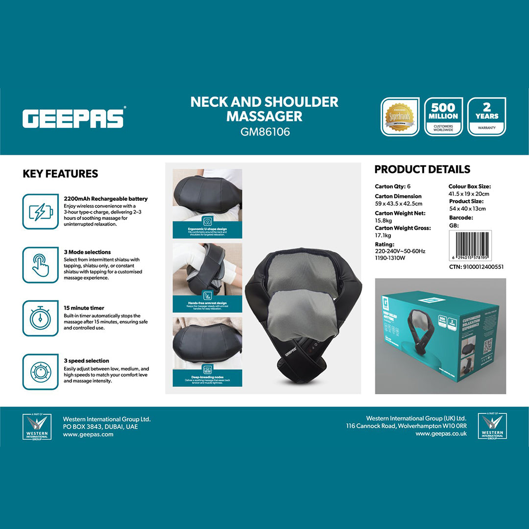 Geepas GM86106 Neck & Shoulder Massager | Shiatsu Massage with Rechargeable Battery, Heat Function, Multi-Speed Settings, Portable & Ergonomic Design for Relaxation
