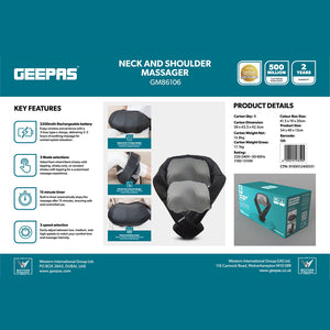 Geepas GM86106 Neck & Shoulder Massager | Shiatsu Massage with Rechargeable Battery, Heat Function, Multi-Speed Settings, Portable & Ergonomic Design for Relaxation