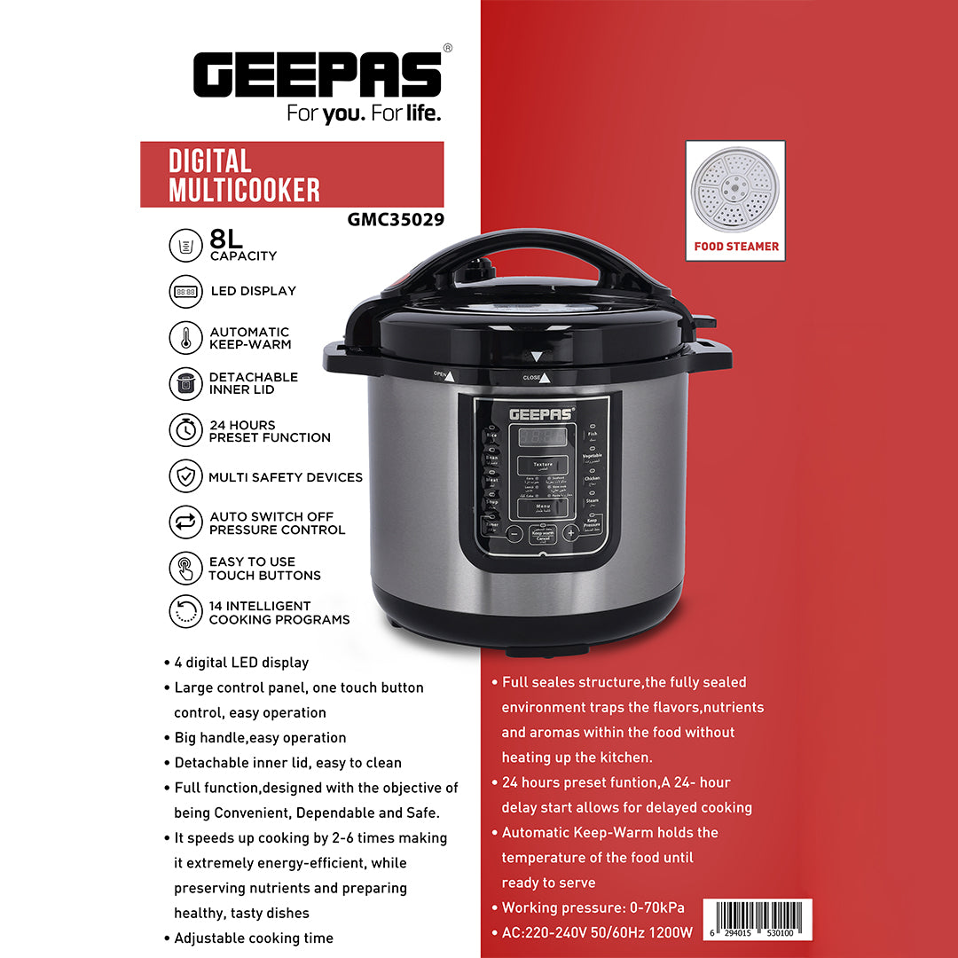 Geepas Digital Multicooker GMC35029 | 8L Capacity| 1200W Power| 14 Intelligent Cooking Programs| LED Display| Automatic Keep Warm| Safety Devices &  Non-Stick Inner Pot