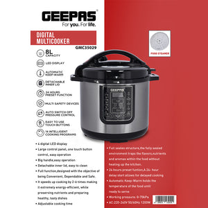 Geepas Digital Multicooker GMC35029 | 8L Capacity| 1200W Power| 14 Intelligent Cooking Programs| LED Display| Automatic Keep Warm| Safety Devices &  Non-Stick Inner Pot
