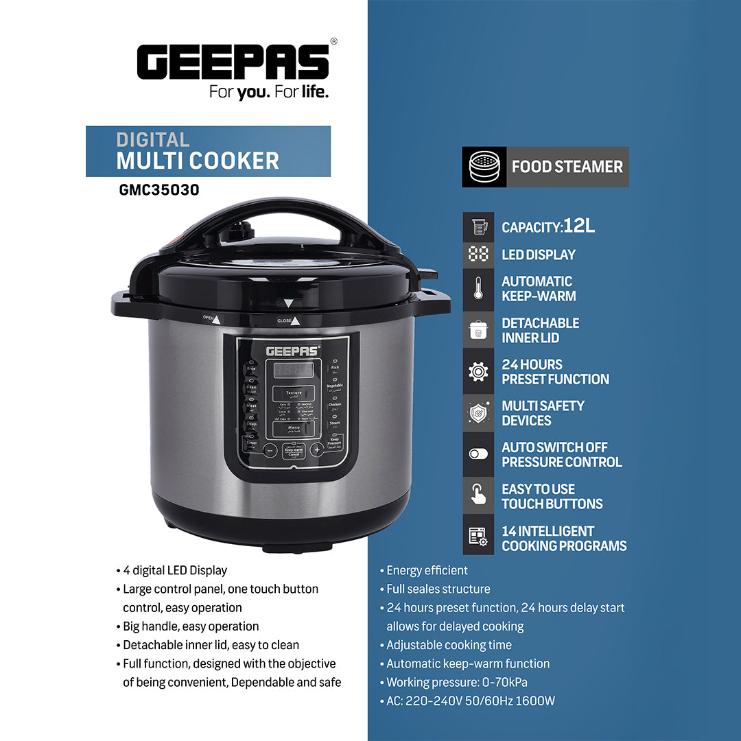 Geepas Digital Multi Cooker GMC35030 | 12L Capacity |  1600W Power | 14 Intelligent Cooking Programs| LED Display| 24-Hour Preset Function | Multi-Safety Devices