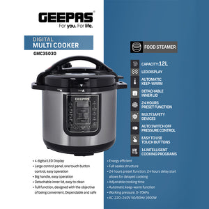 Geepas Digital Multi Cooker GMC35030 | 12L Capacity |  1600W Power | 14 Intelligent Cooking Programs| LED Display| 24-Hour Preset Function | Multi-Safety Devices
