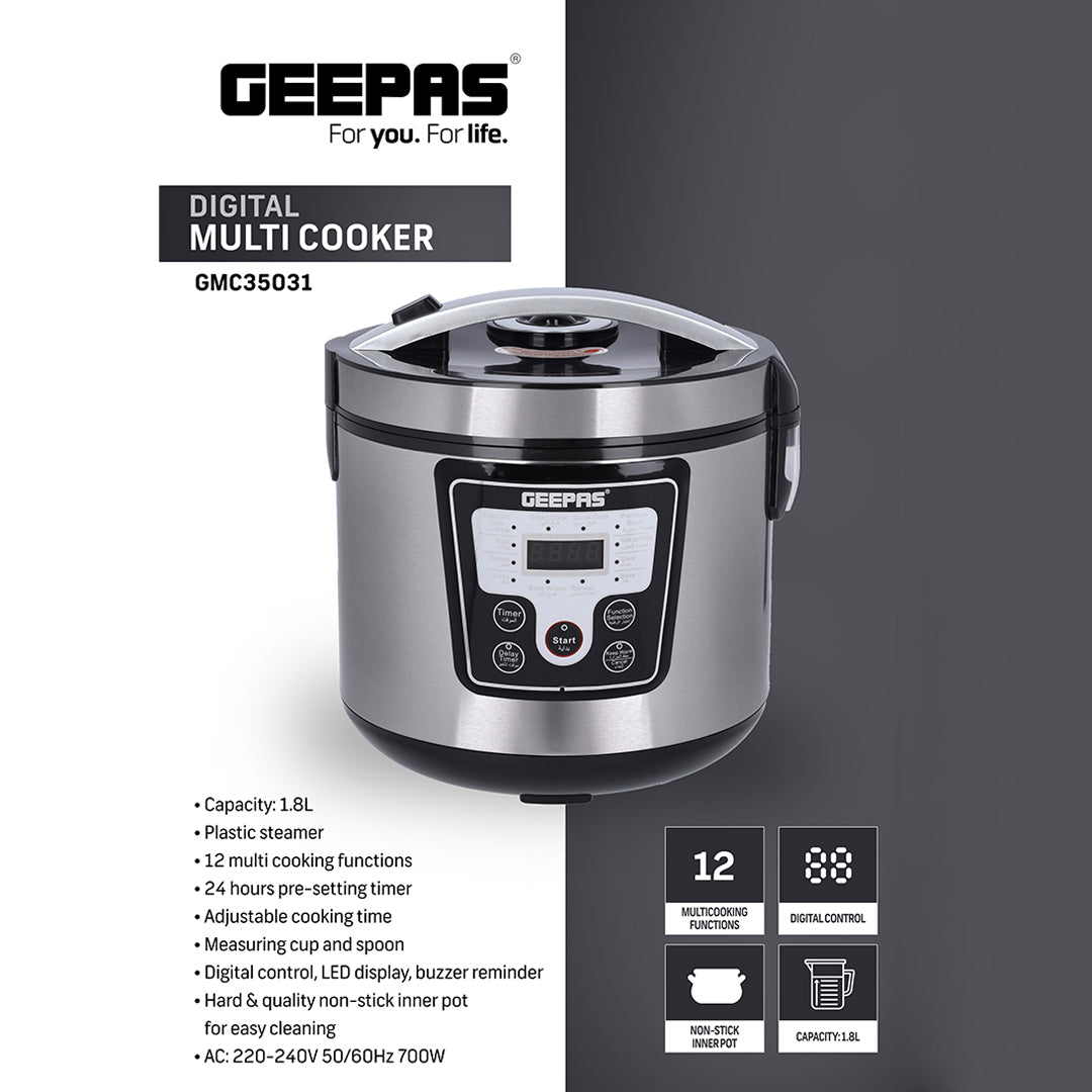 Geepas GMC35031 Digital Multi Cooker 1.8L | 12 Cooking Functions| LED Display & 24-Hour Timer | Adjustable cooking time |Automatic Keep Warm function |non-stick inner pot