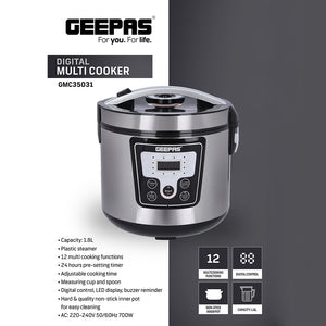Geepas GMC35031 Digital Multi Cooker 1.8L | 12 Cooking Functions| LED Display & 24-Hour Timer | Adjustable cooking time |Automatic Keep Warm function |non-stick inner pot