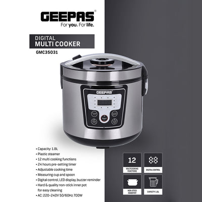 Geepas GMC35031 Digital Multi Cooker 1.8L | 12 Cooking Functions| LED Display & 24-Hour Timer | Adjustable cooking time |Automatic Keep Warm function |non-stick inner pot
