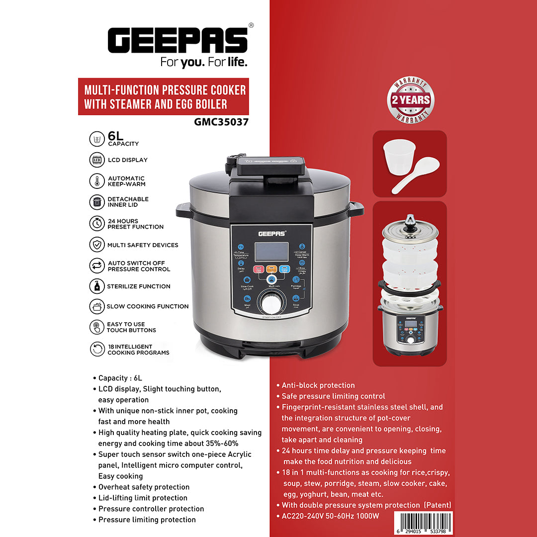 Geepas GMC35037 Multi-Function Pressure Cooker | 6L Capacity |1000W  | LED Display | Auto Shut-Off|  24-Hour Preset Function | Steamer & Egg Boiler | Multi-Safety Devices