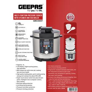 Geepas GMC35037 Multi-Function Pressure Cooker | 6L Capacity |1000W  | LED Display | Auto Shut-Off|  24-Hour Preset Function | Steamer & Egg Boiler | Multi-Safety Devices