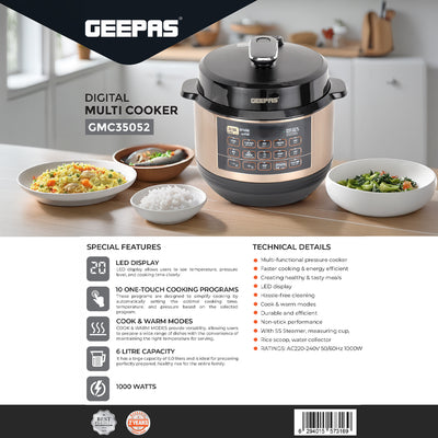 Geepas Digital Multi Cooker GMC35052 6L | LED Display | 10 One-Touch Cooking Programs| Cook & Warm Modes | 1000W Power and Multi-Functional Pressure Cooking System