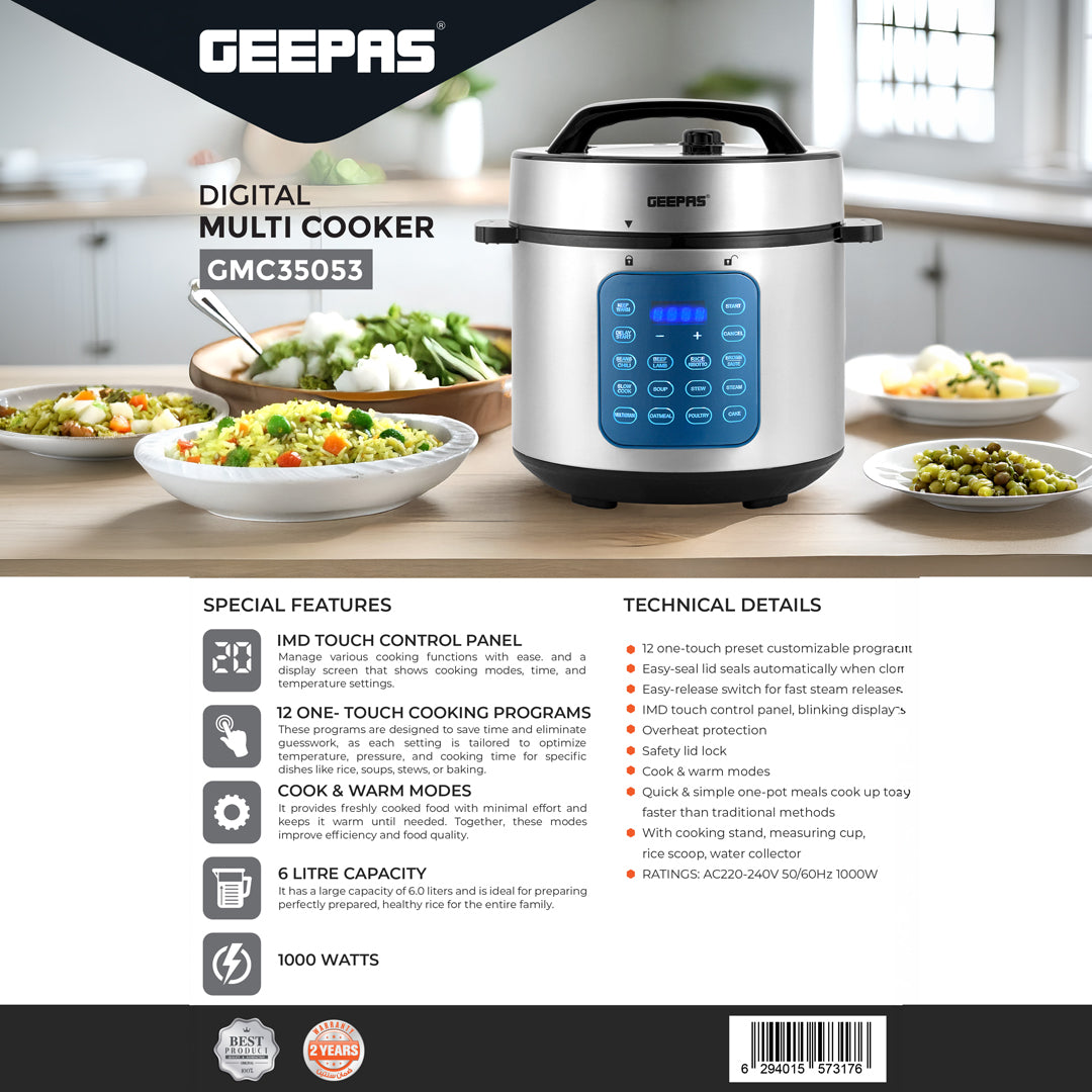 Geepas Digital Multi Cooker GMC35053 | 6L Capacity | 1000W Power | 12 One-Touch Cooking Programs|  IMD Touch Control Panel | Cook & Warm Modes |  Safe & Easy Cooking