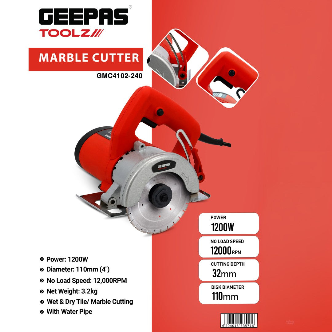 Geepas GMC4102-240 Marble Cutter 1200W | Powerful 110mm Tile & Stone Cutter with 12,000RPM Motor| 32mm Cutting Depth | Wet & Dry Cutting and Water Cooling System