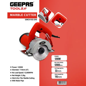 Geepas GMC4102-240 Marble Cutter 1200W | Powerful 110mm Tile & Stone Cutter with 12,000RPM Motor| 32mm Cutting Depth | Wet & Dry Cutting and Water Cooling System