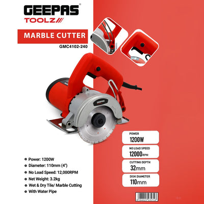 Geepas GMC4102-240 Marble Cutter 1200W | Powerful 110mm Tile & Stone Cutter with 12,000RPM Motor| 32mm Cutting Depth | Wet & Dry Cutting and Water Cooling System