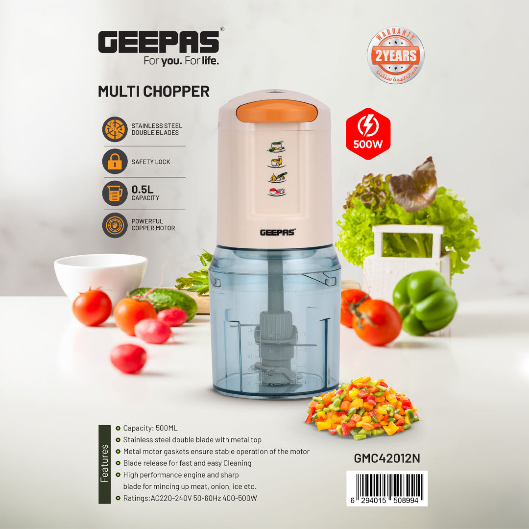 Geepas GMC42012  0.5L Multi Chopper | 500W | 2-Speed Food Chopper with Stainless Steel Double Blades | Safety lock system | Metal motor connector with silicone gasket